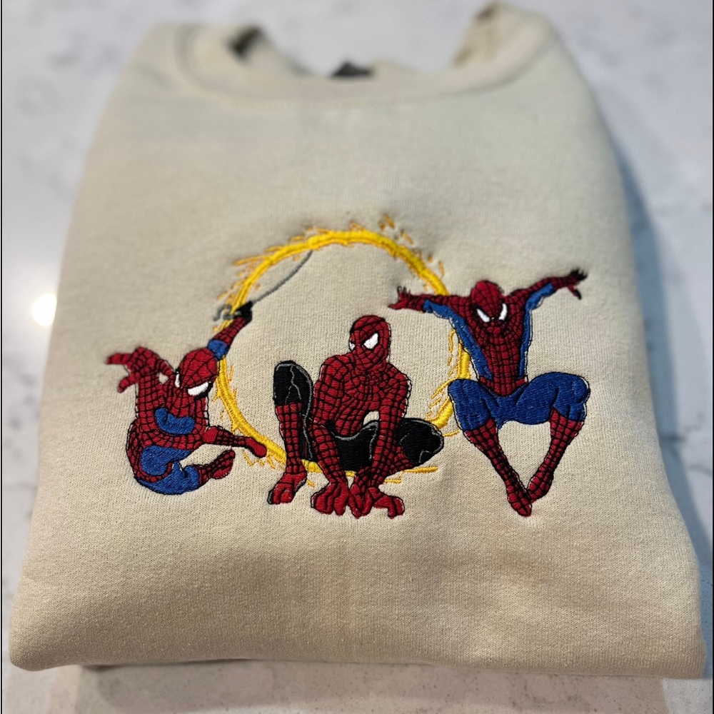 Embroidered Three Trio Fire Spiderman Graphic Crewneck